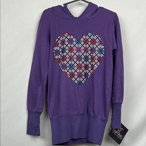 Out of Control Purple cotton hooded pullover with heart size small NWT